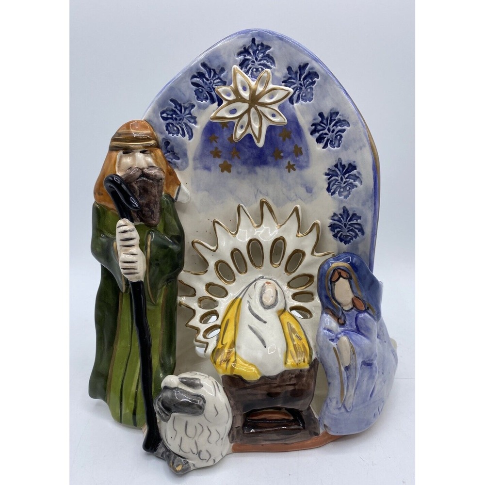 Christmas Nativity Tea Light Candle Holder Figurine Blue Sky Clayworks